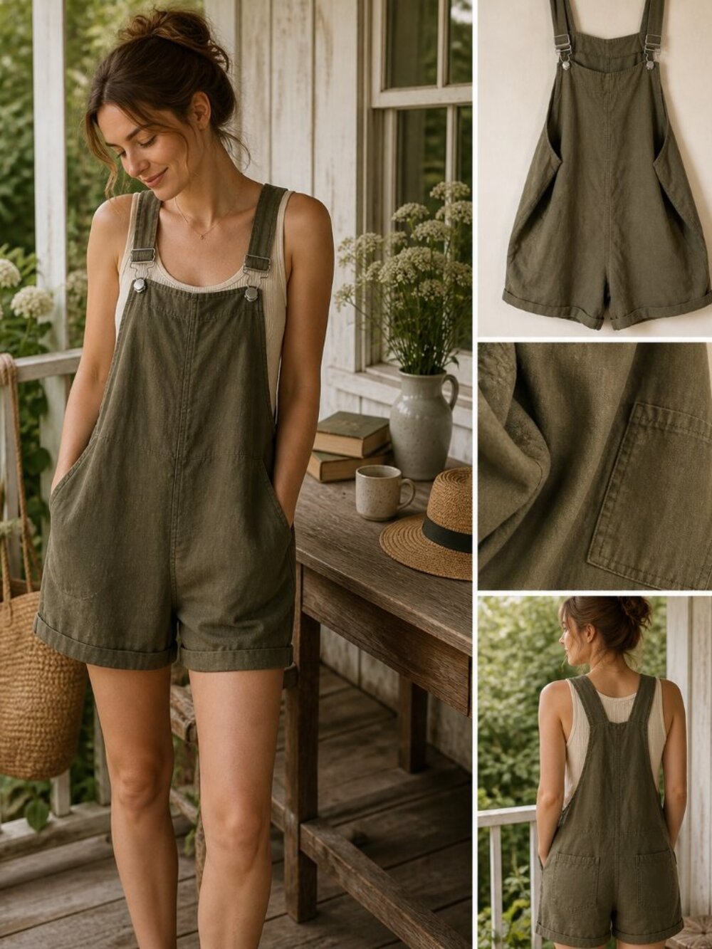 Olive Green Linen Blend Short Overalls Romper Relaxed Bib Shorts XXL